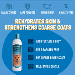 Bio-Groom Wiry Coat Shampoo pour highlighting residue-free cleansing for wiry coats.