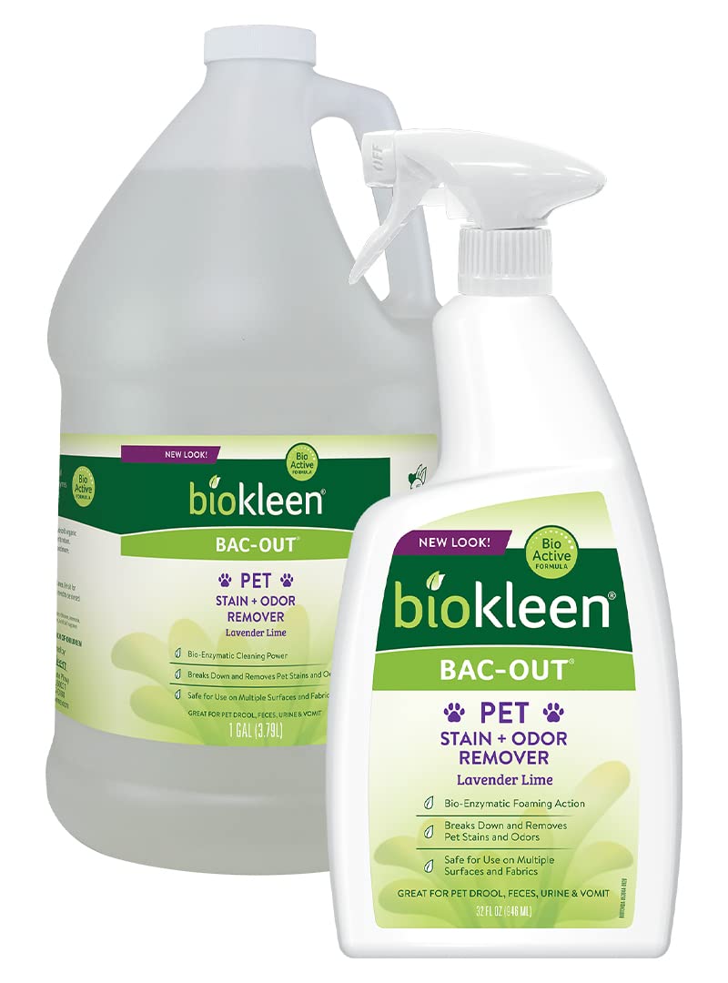 Biokleen Bac-Out spray bottle highlighting enzyme formula for pet stain removal performance