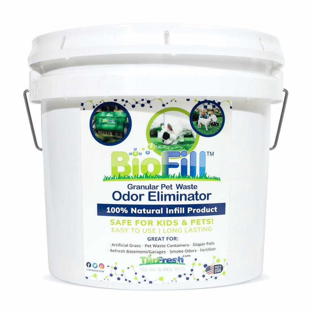 BioTurf granular turf infill in a 1-gallon pail for odor control.