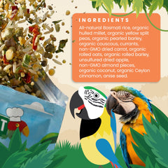 Bird Street Bistro CinnaSpice ingredient mix highlights grains and fruits for bird nutrition.