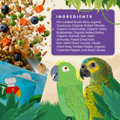 Bird Street Bistro parakeet-cockatiel blend ingredients showcase variety for healthy meals.