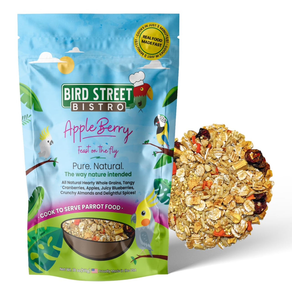Bird Street Bistro parrot food bag with natural grains promotes balanced nutrition.