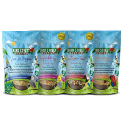 Bird Street Bistro parrot food variety pack ready to serve diverse flavors.