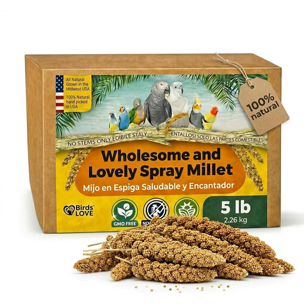 Birds LOVE 5lb spray millet packaging view, ideal for bulk daily feeding.