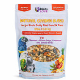 Birds LOVE All Natural Garden Blend 2lb bag showing a colorful parrot-friendly mix for enrichment.