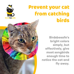 Birdsbesafe Tribal Stripes Cat Collar Cover side view shows vibrant pattern for bird awareness.