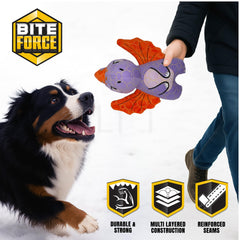 Bite Force purple dino dog toy closeup during outdoor play