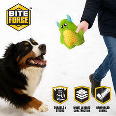 Bite Force green monster toy designed for large dogs with reinforced stitching.
