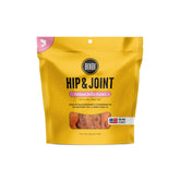 BIXBI Hip & Joint Salmon Jerky bag displaying USA-made, protein-rich treats for active dogs.