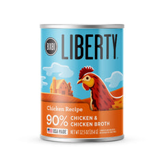 BIXBI Liberty chicken wet food can displays real ingredients and juicy chunks for dogs.