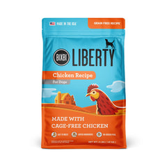 BIXBI Liberty dry dog food chicken bag shows fresh meat first for digestibility and taste.