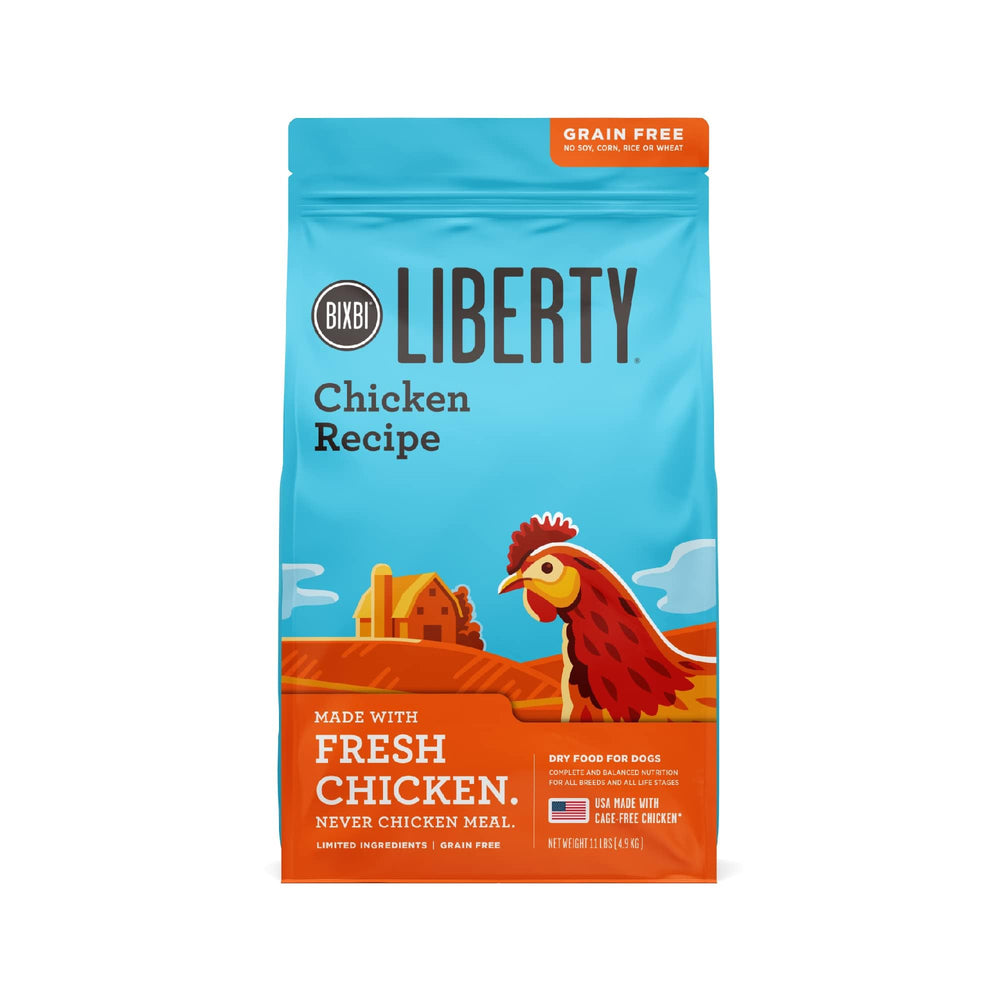 BIXBI Liberty grain-free dry dog food bag front shows fresh chicken recipe for high-protein nutrition.