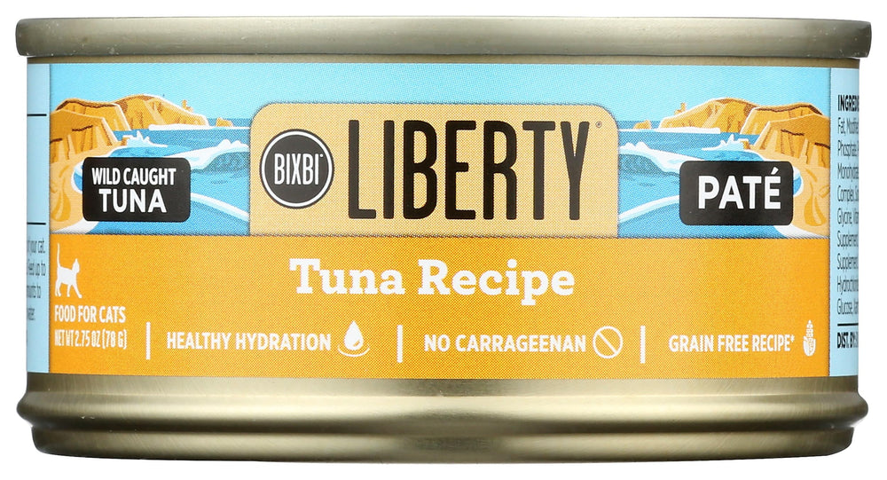 BIXBI Liberty tuna pate can front shows grain-free protein-rich wet cat food.