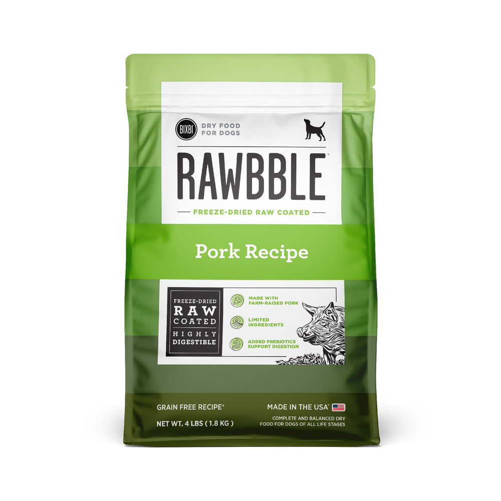 BIXBI Rawbble pork-first bite shows fresh pork protein for lean muscle support