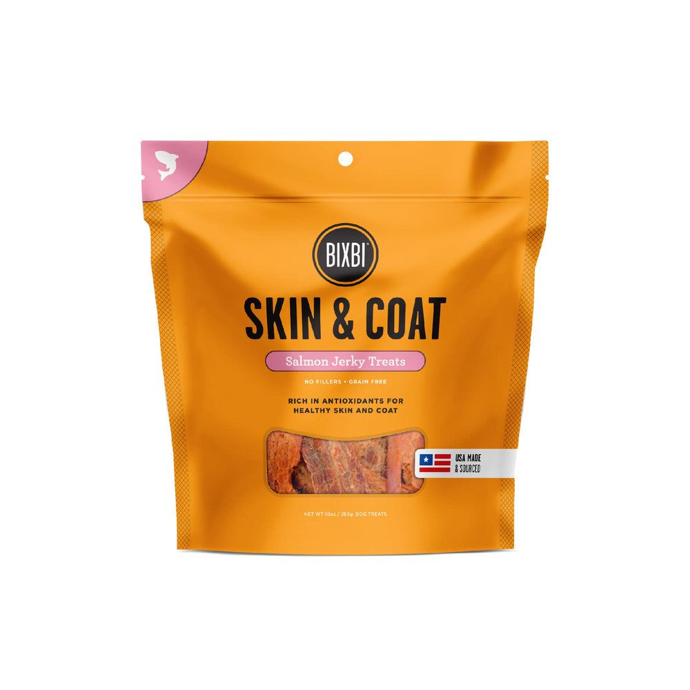 BIXBI Skin & Coat Salmon Jerky 10oz packaging highlights USA-made quality and grain-free nutrition.