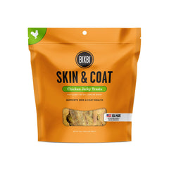 BIXBI Skin & Coat Support chicken jerky pack highlighting USA made grain free formula for dogs