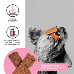 BIXBI Salmon Jerky close-up highlighting natural ingredients and no fillers.