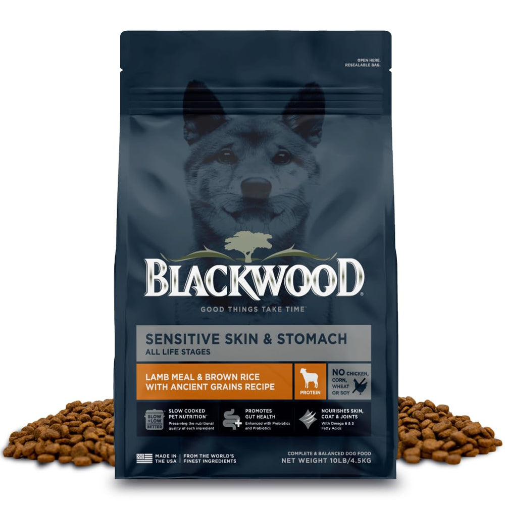 Blackwood 10 lb bag of Sensitive Skin & Stomach dog food for all life stages.