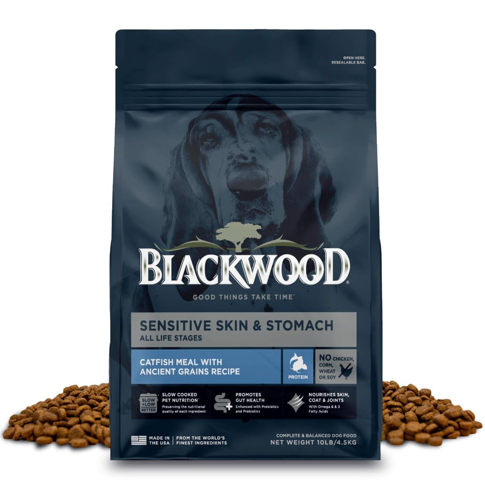 Blackwood Sensitive Skin & Stomach dry dog food bag front highlighting gentle digestion benefits