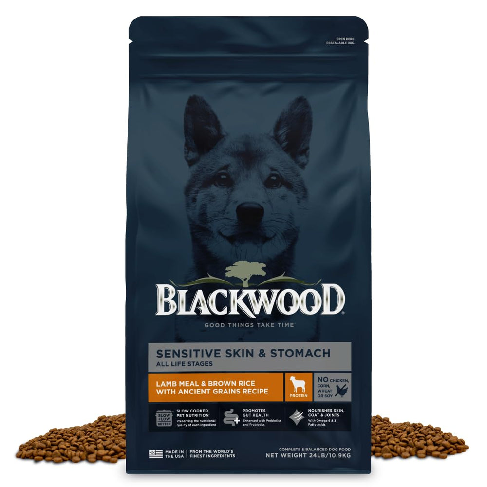 Blackwood Sensitive Skin & Stomach dry dog food bag displaying all life stages