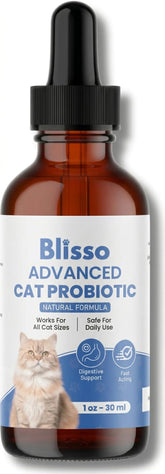 Blisso Pet Advanced Cat Probiotic Drops bottle, convenient digestive support for cats