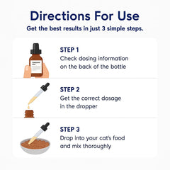 Cat with probiotic drops added to wet food, signaling digestive relief in daily meals