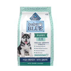 Blue Buffalo Baby BLUE puppy food bag front showing real chicken as the #1 ingredient