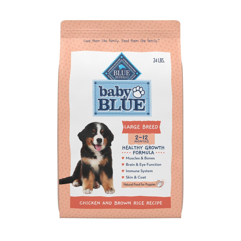 Blue Buffalo Baby BLUE 24-lb bag front with real chicken formula for puppies.