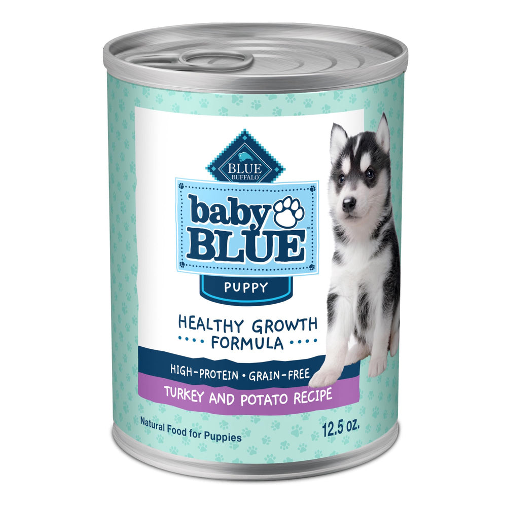 Blue Buffalo Baby BLUE wet puppy food can with turkey and vegetables supporting healthy growth