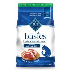 Blue Buffalo Basics duck potato bag front shows grain-free indoor cat formula