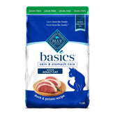 Blue Buffalo Basics duck and potato recipe 11-lb bag close-up emphasizing grain-free formula for indoor cats