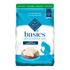 Blue Buffalo Basics bag front showcases the grain-free formula for indoor cats.
