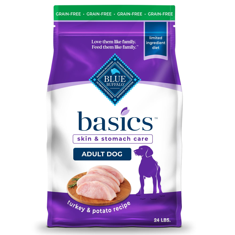 Blue Buffalo Basics grain-free turkey kibble in a 24-lb bag supports gentle digestion.