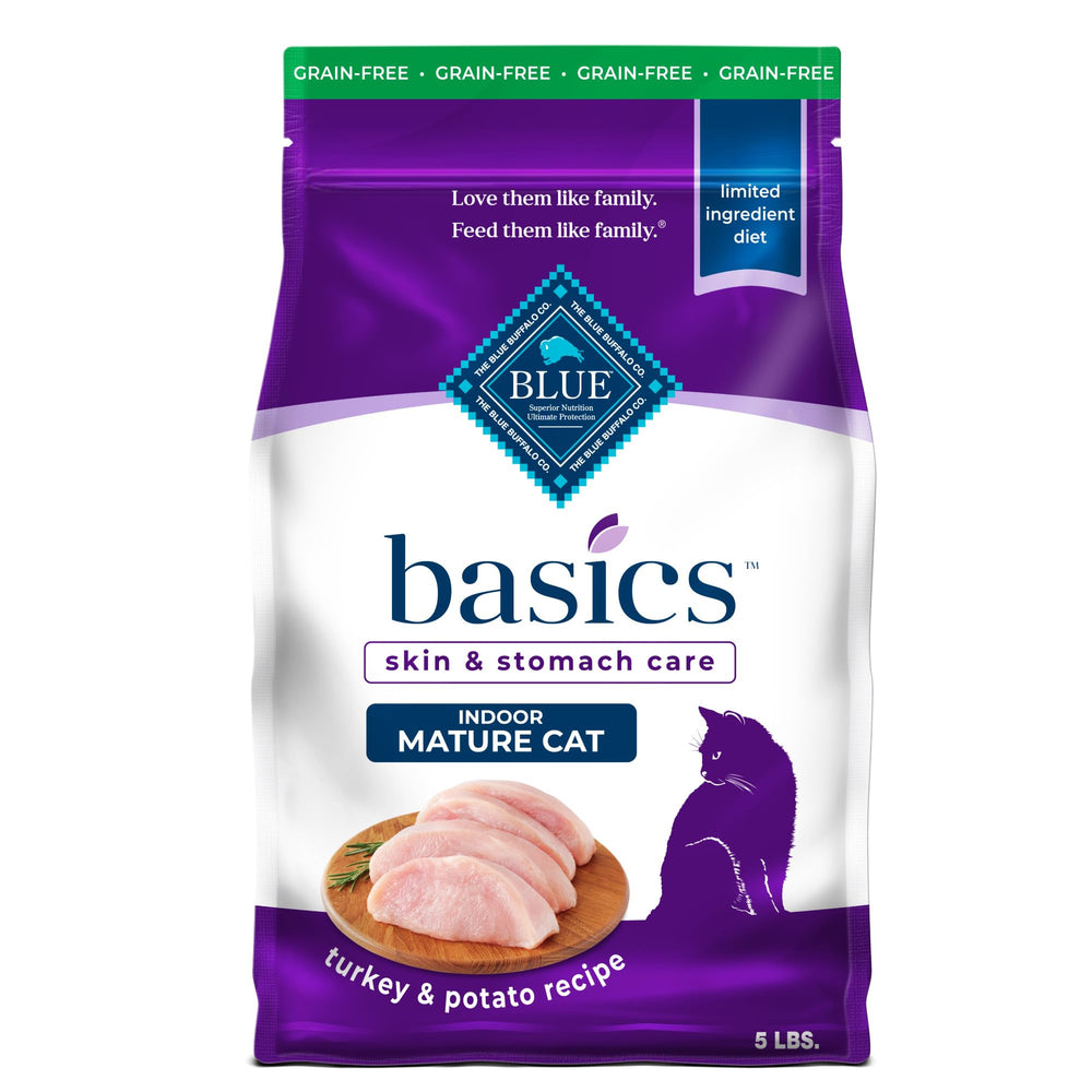 Blue Buffalo Basics mature cat turkey first ingredient supports gentle digestion.