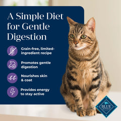 Blue Buffalo Basics indoor cat formula supports coat health with omega 3 and 6.