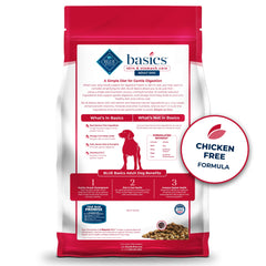Blue Buffalo Basics Skin & Stomach Care bag front highlights limited-ingredient formula for sensitive digestion.