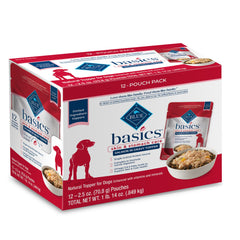 Blue Buffalo Basics Salmon in Gravy packaging highlights single-protein nutrition for easier digestion.