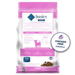 Blue Buffalo Basics turkey-first formula image highlights gentle digestion benefits.