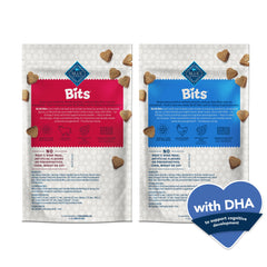 Blue Buffalo Bits beef flavor soft training treats in a 19oz bag for workouts.