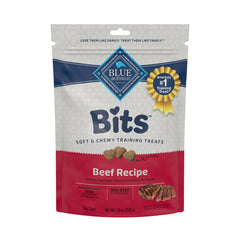 Blue Buffalo Bits soft-training treats with beef first ingredient for rewarding good behavior.