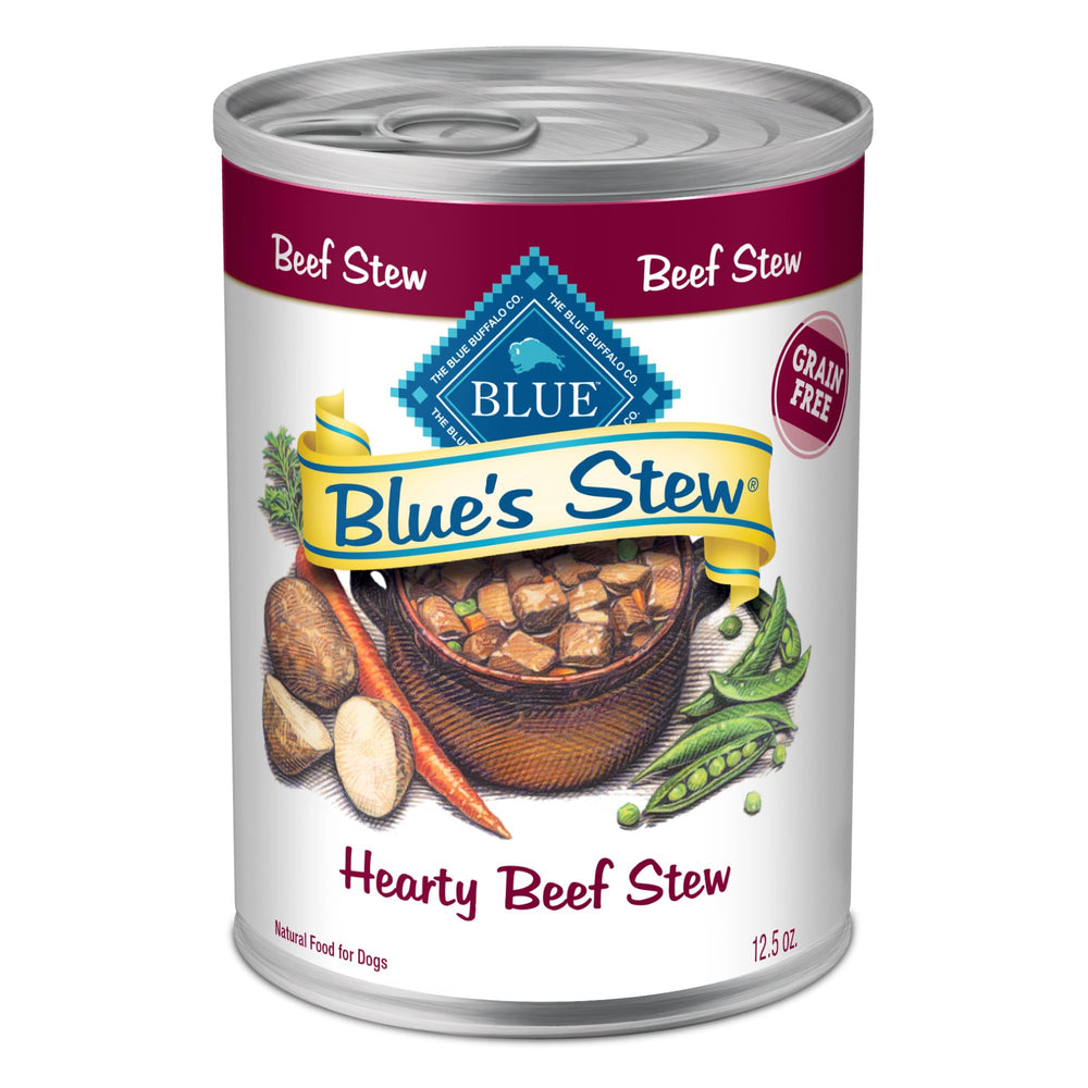Blue Buffalo Blues Stew beef cans label close-up highlights grain-free ingredients