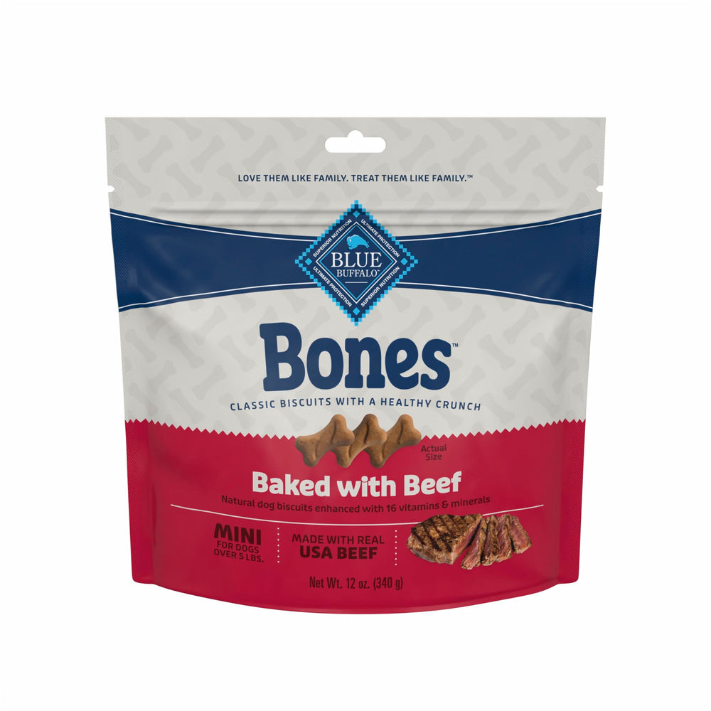 Blue Buffalo Bones mini beef biscuits packaging shows a wholesome daily treat for small dogs.