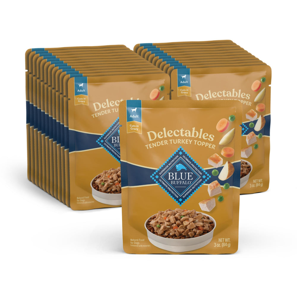 Blue Buffalo Delectables Tender Turkey Topper pour, savory gravy for meal enhancement