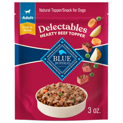 Blue Buffalo Delectables beef cuts in gravy pouch close-up enhances meal flavor
