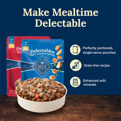 Blue Buffalo Delectables toppers beef pouch closeup showcases hearty texture and appeal.