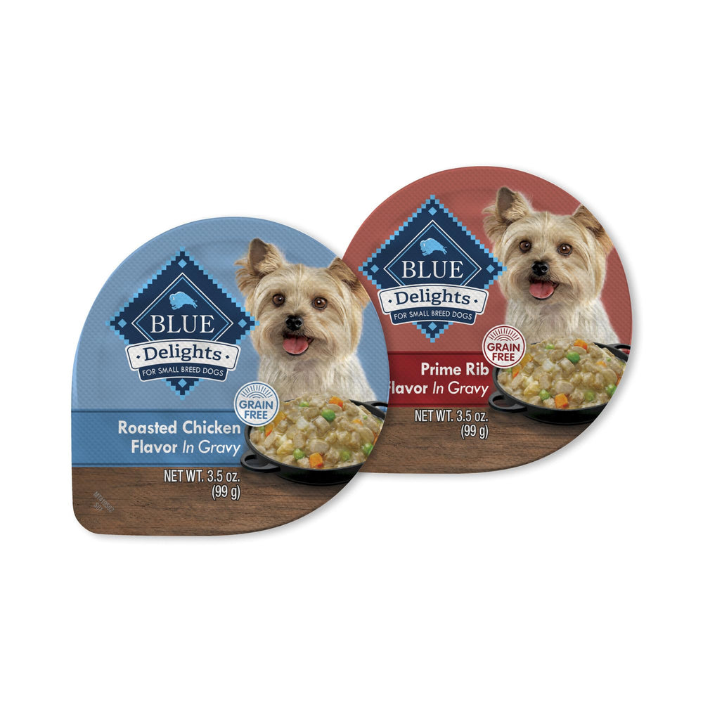 Blue Buffalo Delights Chicken Cups in Gravy, protein-forward wet food for small dogs.