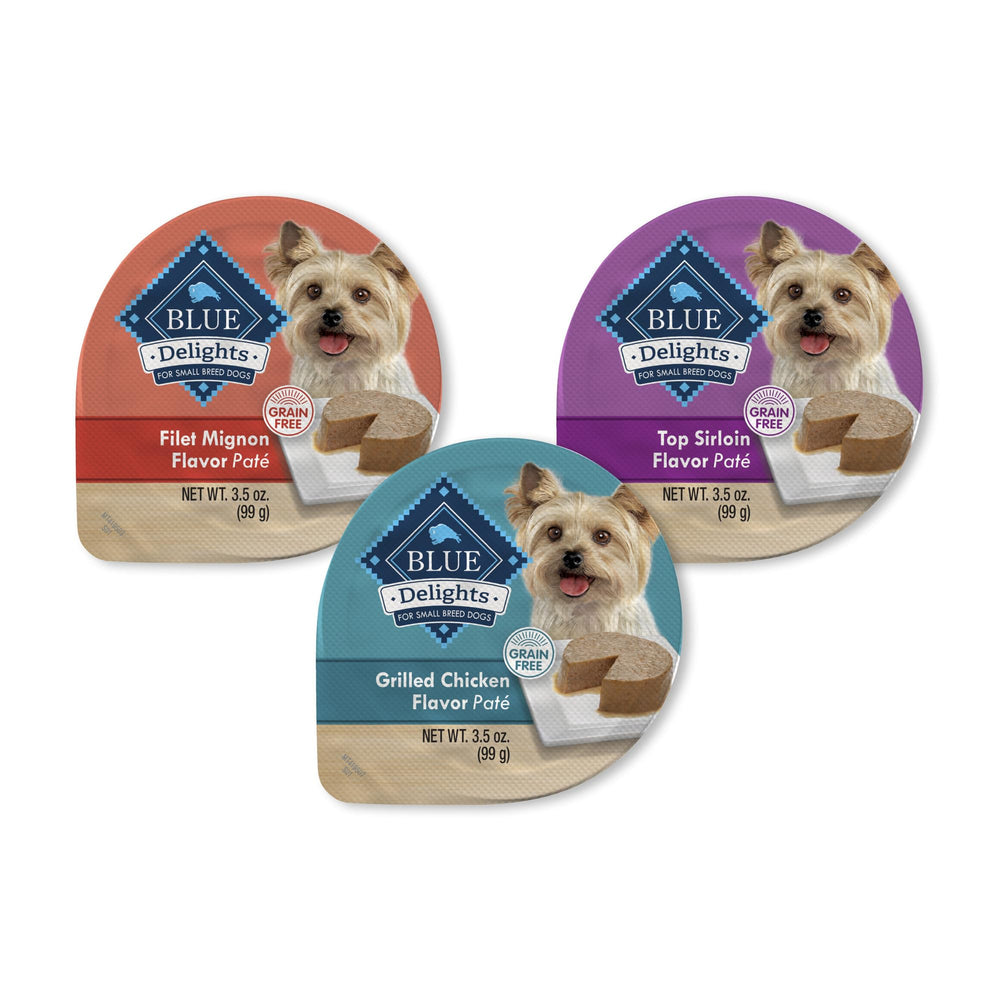 Blue Buffalo Delights chicken cups pate close-up showing real meat first ingredient for small dogs