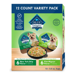 Blue Buffalo Delights filet mignon cups with real beef as the main ingredient for small dogs.