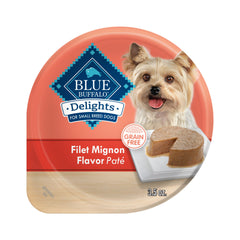 Blue Buffalo Delights small-breed cups with filet mignon pate in juice, easy to serve for small dogs.