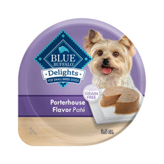 Blue Buffalo Delights small-breed cups with porterhouse pâté for tasty, protein-rich meals.